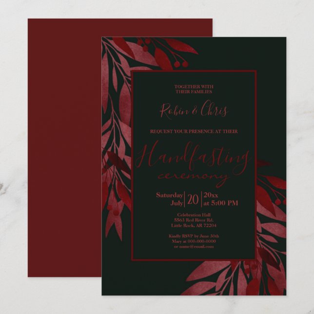 Midnight Berry Red Floral Striking Handfasting Invitation (Front/Back)