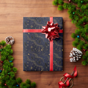 Midnight Black Cats Christmas Starry Night & Gold Wrapping Paper