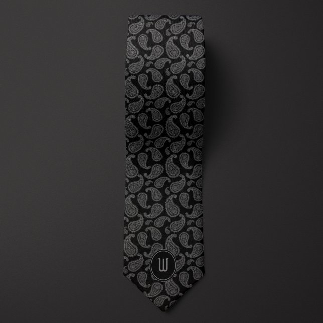 Midnight Black Monochrome Monogram Paisley Tie (Creator Uploaded)