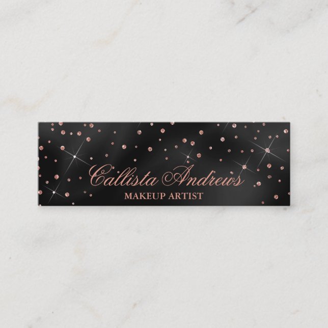 Midnight Black Rose Gold Silk Glitter Confetti Mini Business Card (Front)