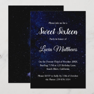 Midnight Black Stars Sweet Sixteen Invitation