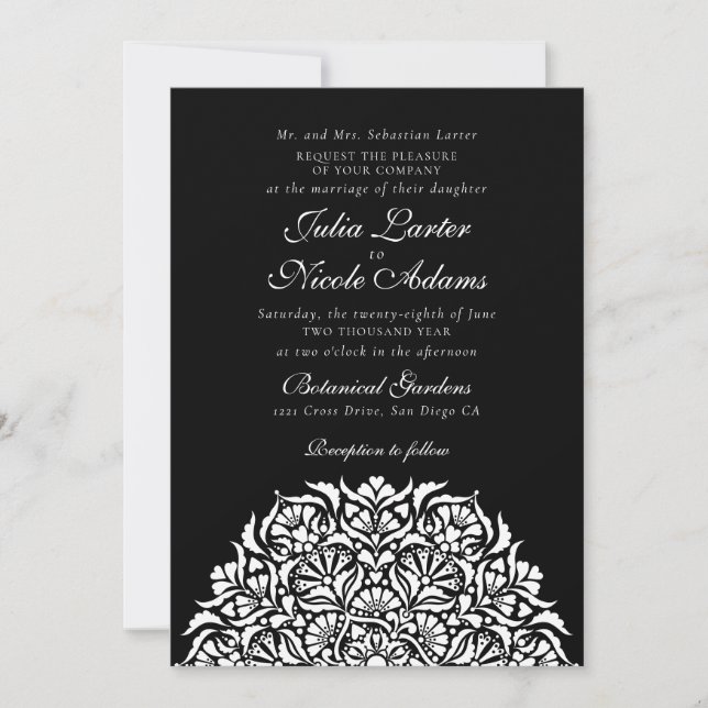 Midnight Black Whimsical Floral Mandala Wedding Invitation (Front)