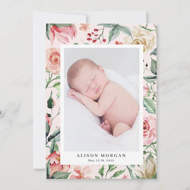 midnight bloom blush floral birth announcement (Front)