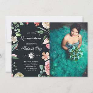 Midnight bloom blush floral Quinceanera Invitation