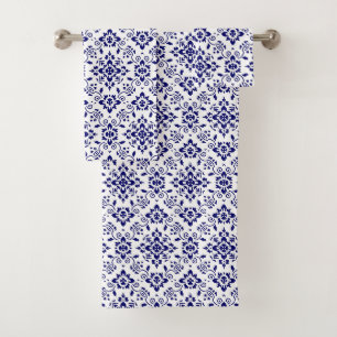Midnight Bloom Classic Blue Floral Mosaic Bath Towel Set