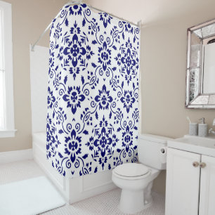 Midnight Bloom Classic Blue Floral Mosaic Shower Curtain