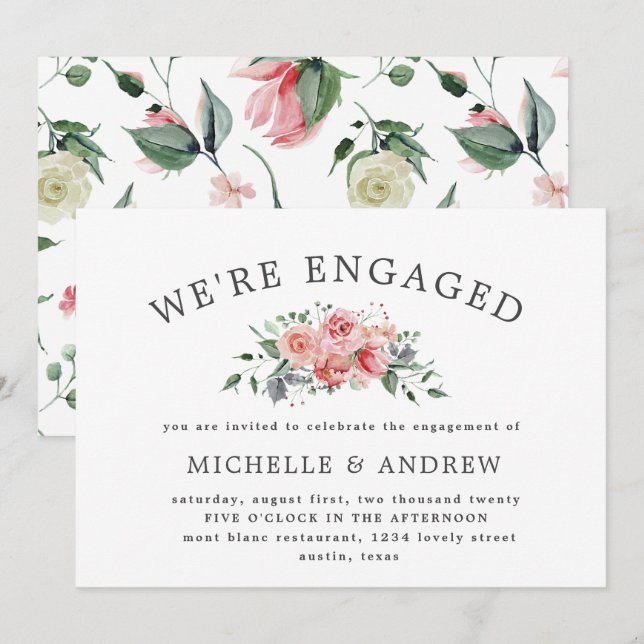 midnight bloom elegant floral engagement invitation (Front/Back)