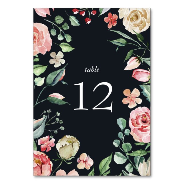 midnight bloom elegant floral navy blue Table Card (Front)