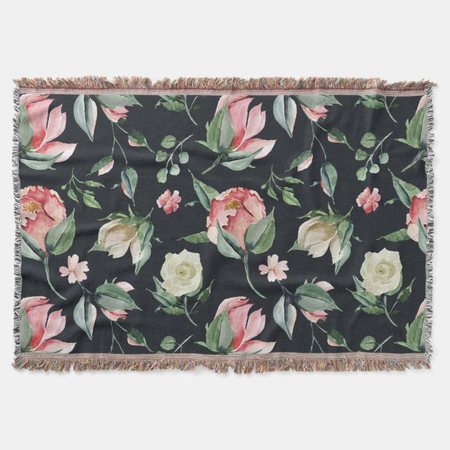 midnight bloom elegant floral navy blue throw blanket (Front)