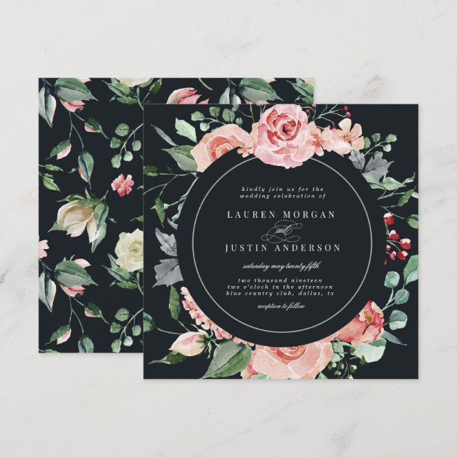 midnight bloom elegant floral square Wedding Invitation (Front/Back)