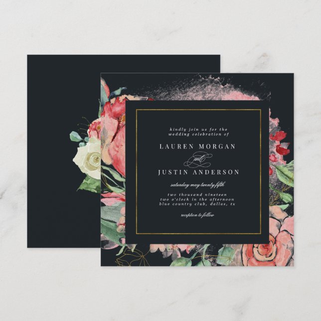 midnight bloom elegant floral square Wedding Invitation (Front/Back)