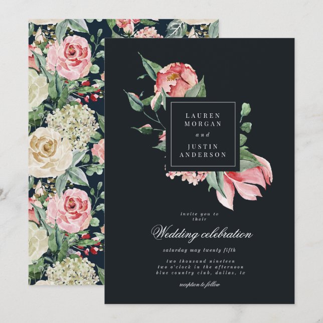 midnight bloom elegant floral wreath invitation (Front/Back)