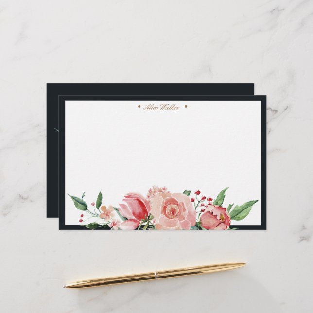 Midnight bloom floral elegant monogram stationery (Front/Back In Situ)