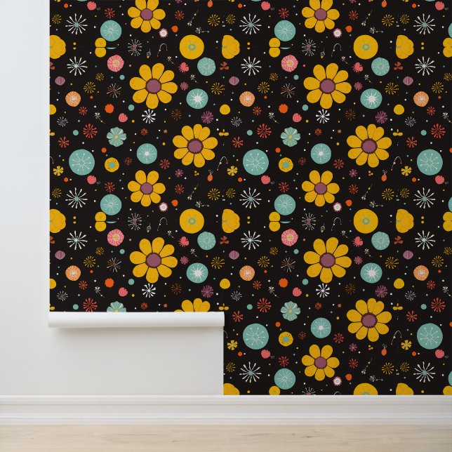 Midnight Bloom: Retro Floral Explosion Wallpaper (Application)