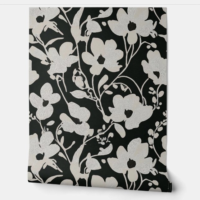 Midnight Blooms: Bold Floral Silhouette Wallpaper (Unrolling)