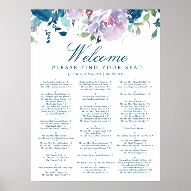 Midnight Blooms Floral Wedding Seating Chart Sign (Front)
