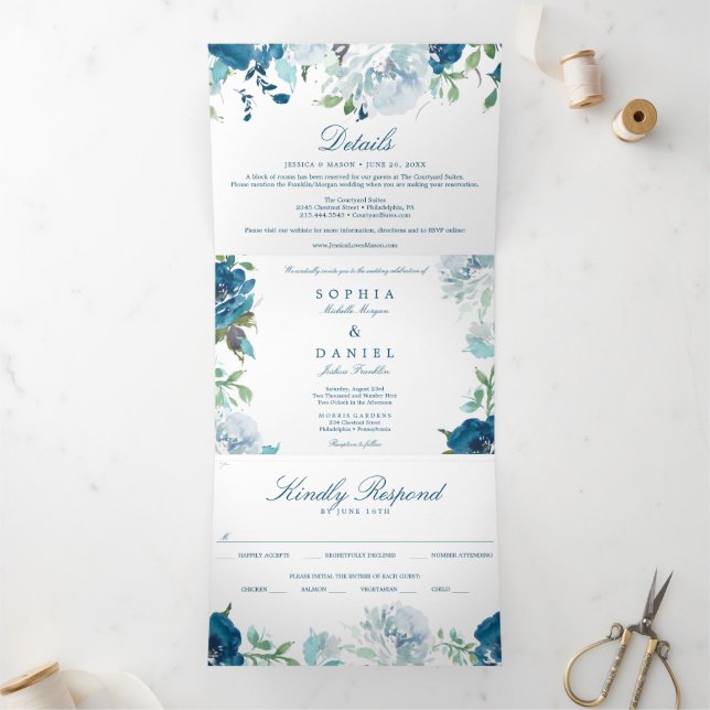Midnight Blooms Navy Wedding Tri-Fold Invitations (Inside)
