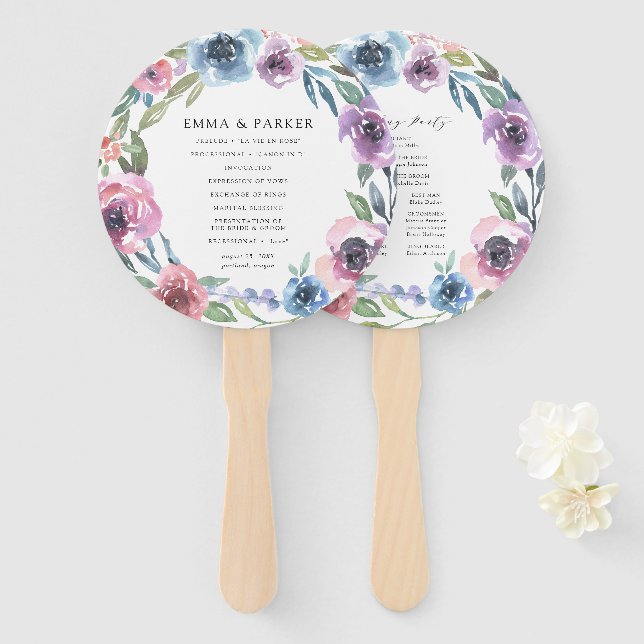 Midnight Blooms | Personalised Wedding Program Hand Fan (Front and Back)