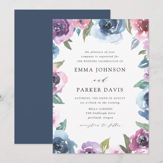 Midnight Blooms | Purple and Blue Floral Wedding Invitation (Front/Back)