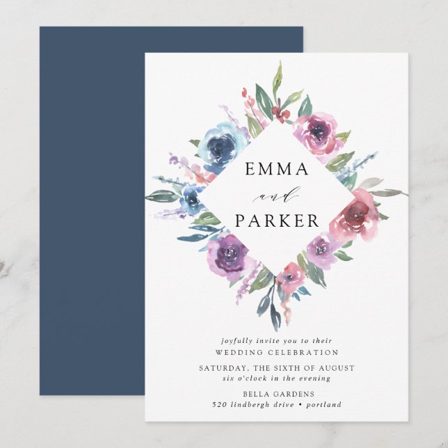 Midnight Blooms | Purple and Blue Floral Wedding Invitation (Front/Back)