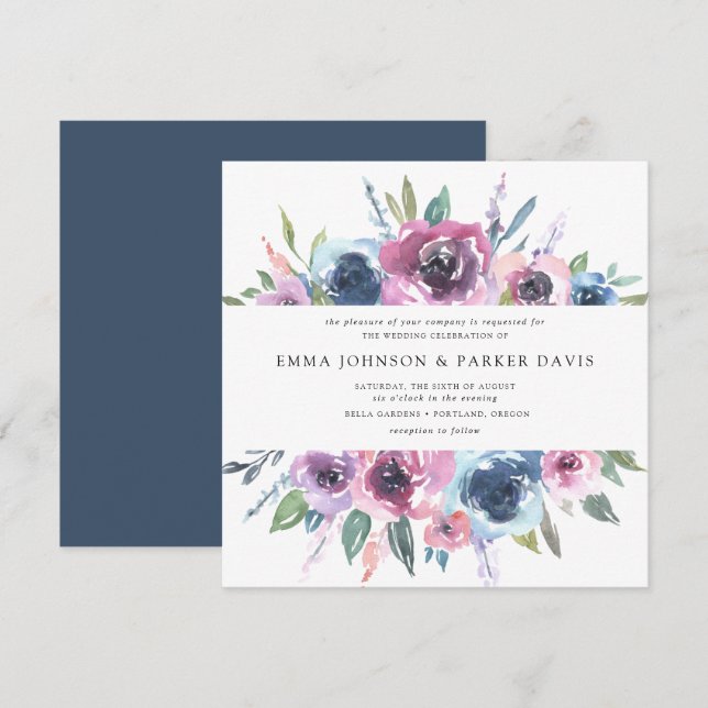 Midnight Blooms | Purple and Blue Floral Wedding Invitation (Front/Back)