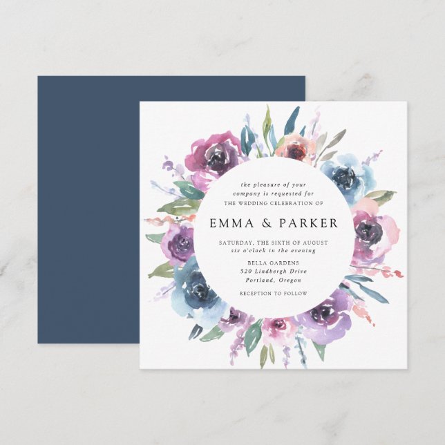 Midnight Blooms | Purple and Blue Floral Wedding Invitation (Front/Back)