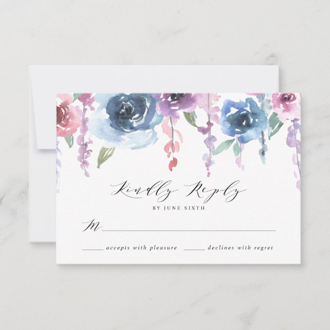 Midnight Blooms | Purple and Blue Floral Wedding RSVP Card (Front)