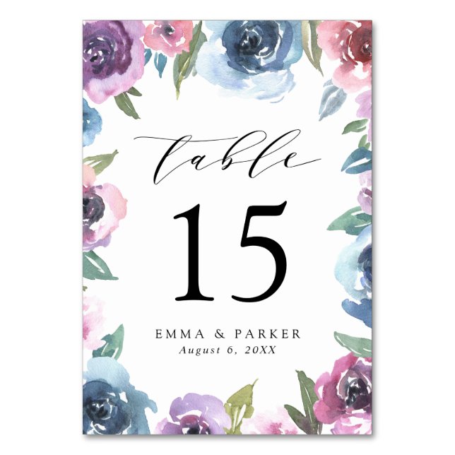 Midnight Blooms | Purple and Blue Floral Wedding Table Number (Front)
