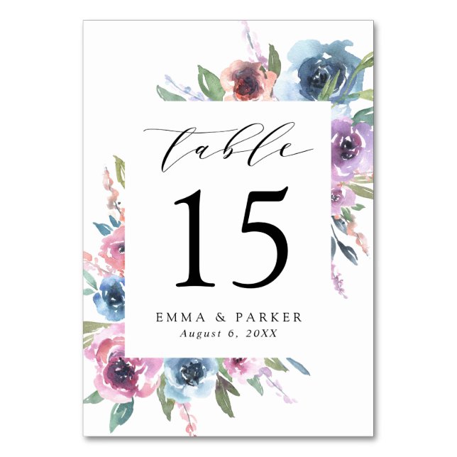 Midnight Blooms | Purple and Blue Floral Wedding Table Number (Front)