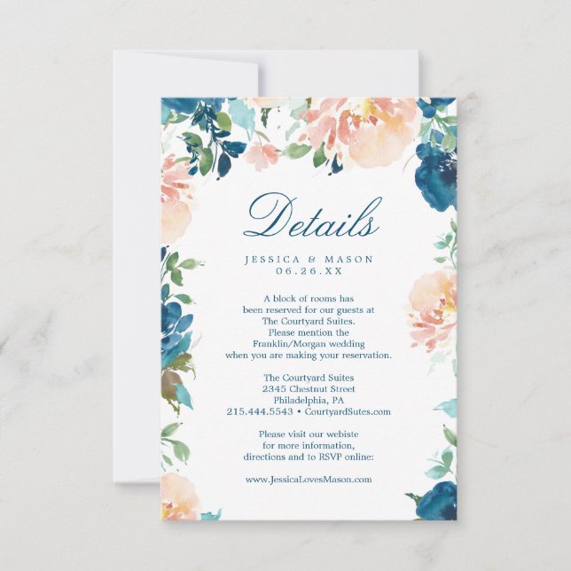 Midnight Blooms Watercolor Wedding Details Card (Front)