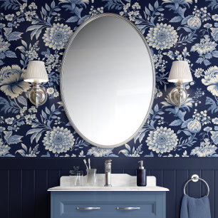 Midnight Blossom - Blue and White - Traditional Wallpaper