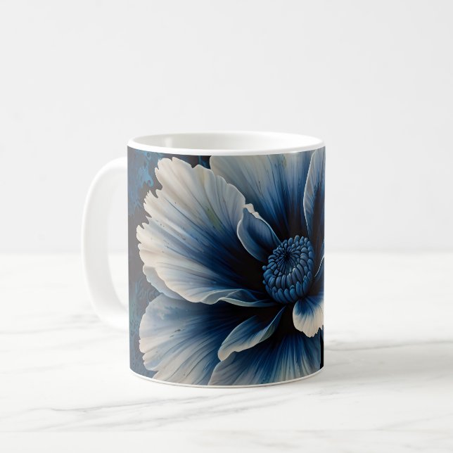 Midnight Blossom: Enchanted Blue Flower Art Coffee Mug (Front Left)