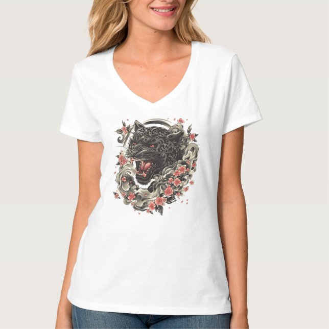 Midnight Blossom Jaguar-Strength, Elegance T-Shirt (Front)