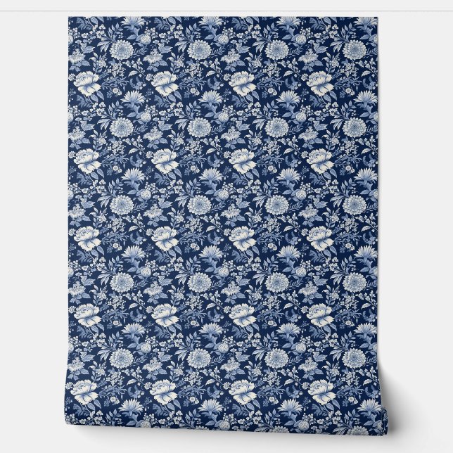 Midnight Blossom Mini - Blue and White  Wallpaper (Unrolling)