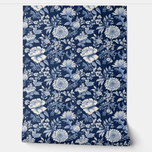Midnight Blossom Petite - Blue and White Wallpaper (Unrolling)