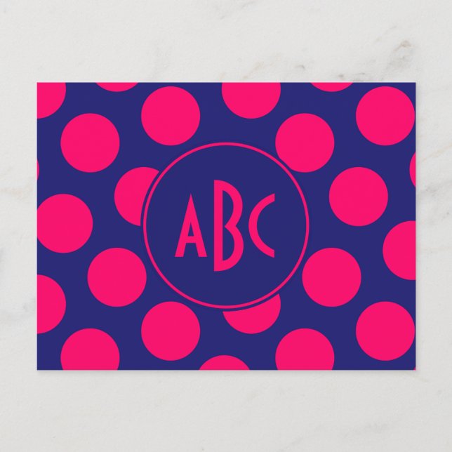 Midnight Blue and Bright Pink Dot Monogram Postcard (Front)