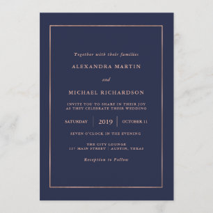 Midnight Blue and Faux Rose Gold Border Wedding Invitation