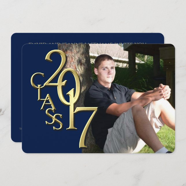Midnight Blue and Gold 2017 Photo Graduation Invitation (Front/Back)