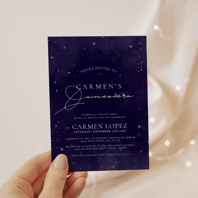 Midnight Blue and Gold Celestial Quinceanera Invitation (Creator Uploaded)