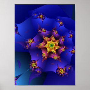 Midnight Blue and Gold Celestial Spiral Fractal Poster