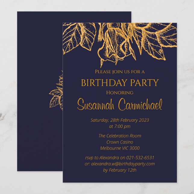 Midnight Blue and Gold Elegant Birthday Invitation (Front/Back)