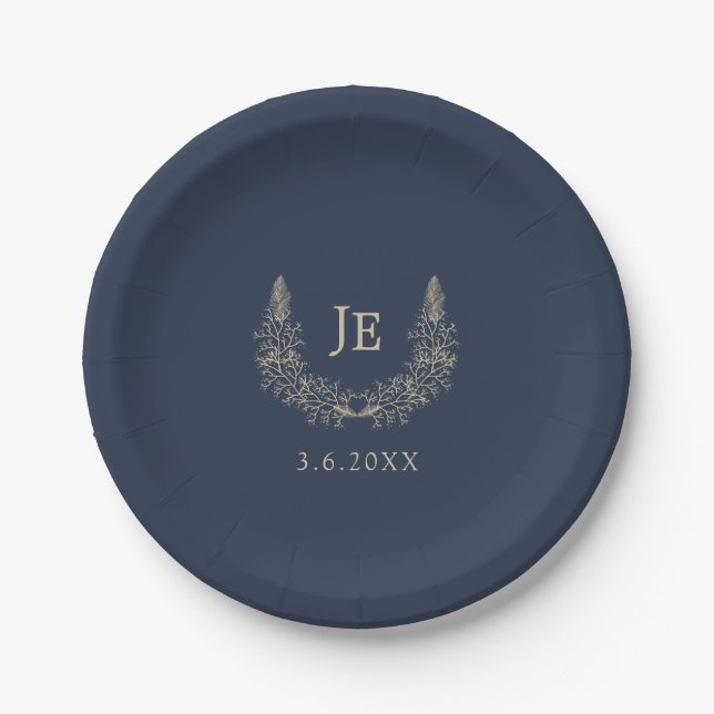 Midnight Blue and Gold Initials Wedding Paper Plate (Front)