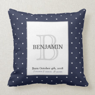 Midnight Blue and Monogram Birth Stats Keepsake Cushion