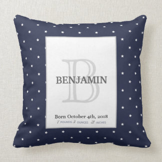 Midnight Blue and Monogram Birth Stats Keepsake Cushion