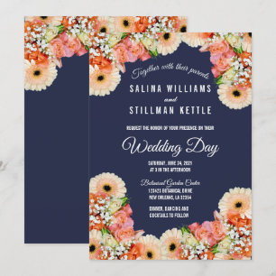 Midnight Blue and Orange Floral Wedding Invitation