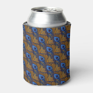 Midnight blue and orange peacock feather pattern can cooler