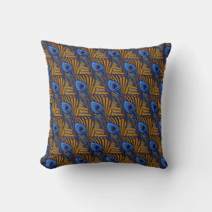 Midnight blue and orange peacock feather pattern cushion