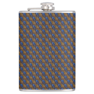 Midnight blue and orange peacock feather pattern hip flask
