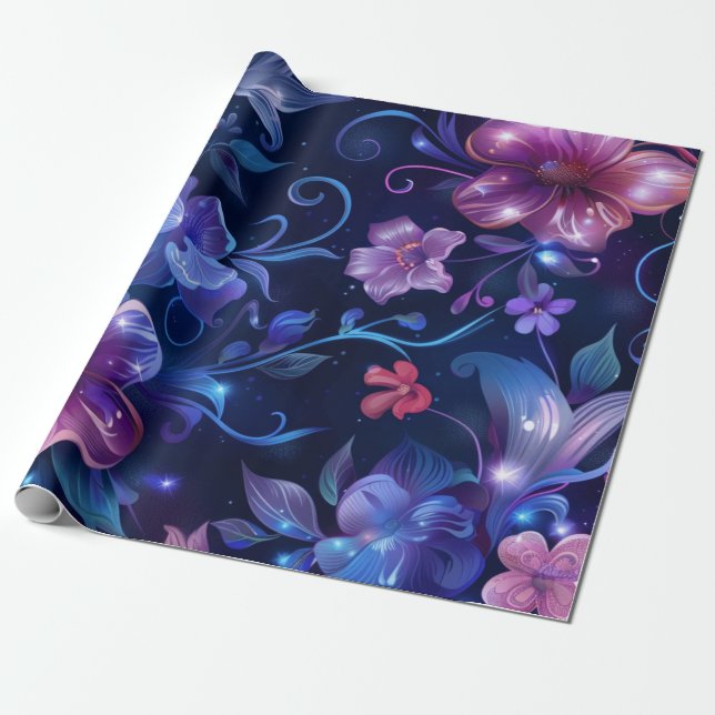 Midnight Blue and Pink Flowers Wrapping Paper (Unrolled)