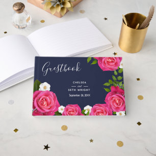 Midnight Blue and Pink Rose Wedding Guest Book